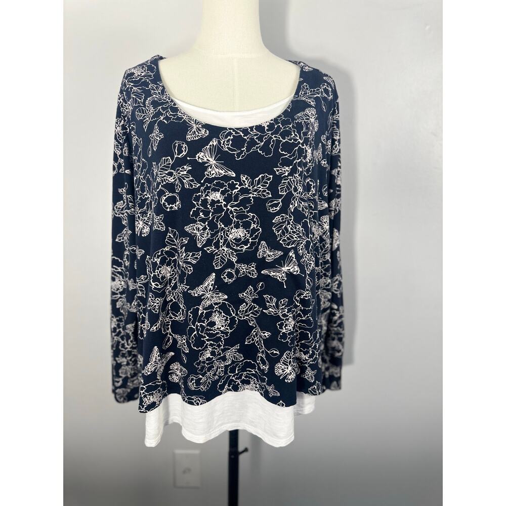 J. Jill Navy Floral Butterfly Layered 2X Plus Top Cottagecore Whimsygoth